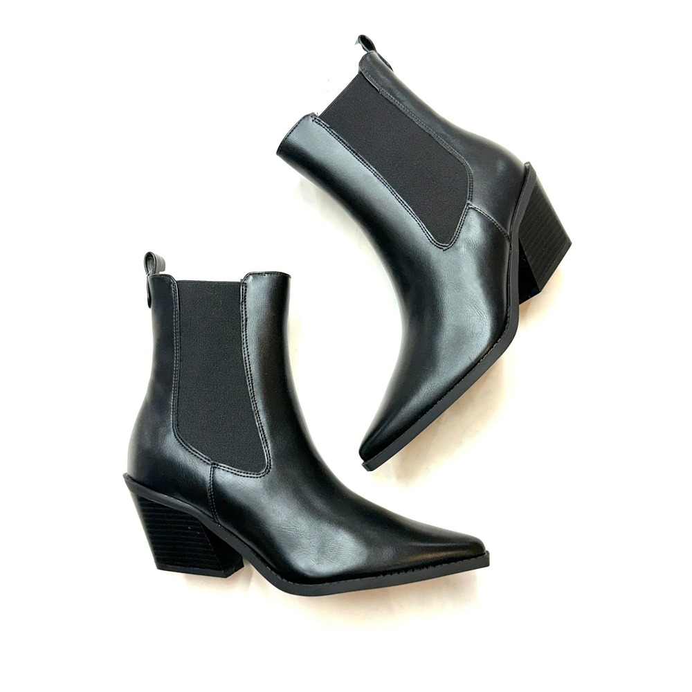 OPHELIA ROE New $55 Womens 8 Black Faux Leather Pointed Toe Western Booties OR